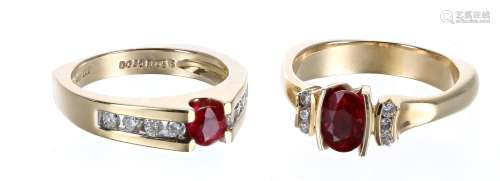 Two good modern 14k ruby and diamond set rings, one set with...