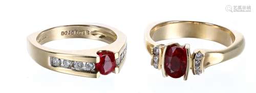 Two good modern 14k ruby and diamond set rings, one set with...