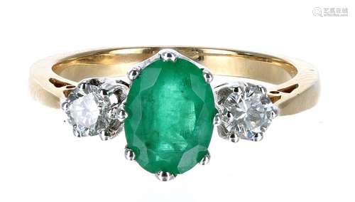 Attractive 18ct yellow gold emerald and diamond three stone ...