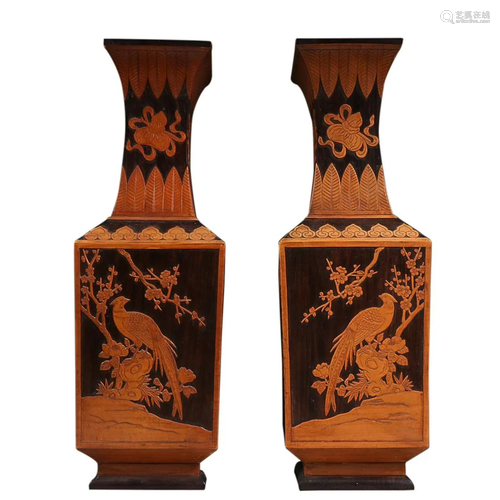 PAIR OF BAMBOO 'MAGPIE AND PLUM BLOSSOM' SQUARE VASES