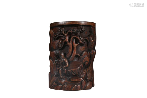 CARVED AGARWOOD 'FIGURE STORY' BRUSH POT