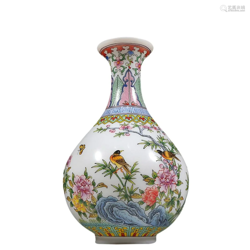 GLASSWARE ENAMELED 'BIRD AND FLOWER' PEAR SHAPED VASE