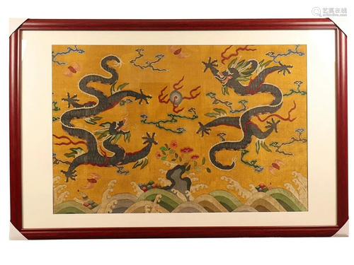 SILK TAPESTRY OF 'TWO DRAGONS PURSUING PEARL'