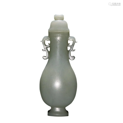 HETIAN CELADON JADE COVERED VASE WITH HANDLES