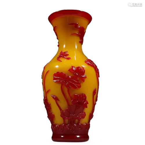 RED LOTUS OVERLAID YELLOW GLASSWARE VASE