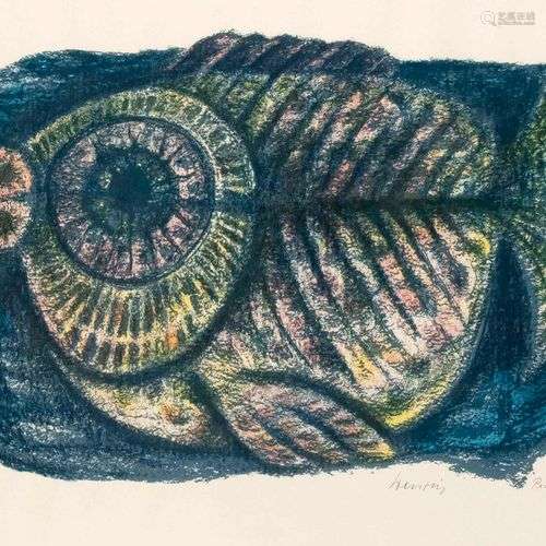 Unidentified graphic artist c. 1970, abstracted fish, color ...