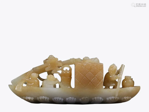 HETIAN JADE 'FIGURE STORY' BOAT SHAPED ORNAMENT