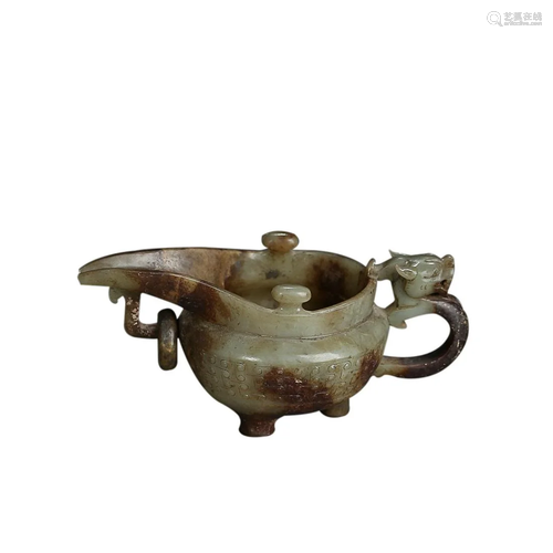 HETIAN JADE CUP WITH CHILONG HANDLE