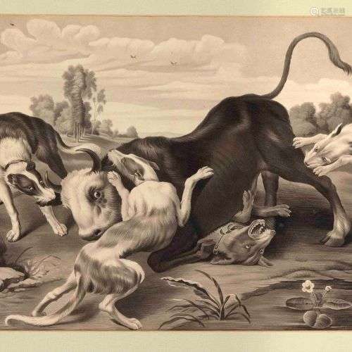 Spanish artist mid-19th century, bull chase, fine ink brush ...