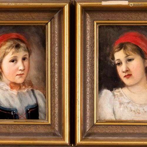 Anonymous painter 1st half 20th c., two portraits of girls i...