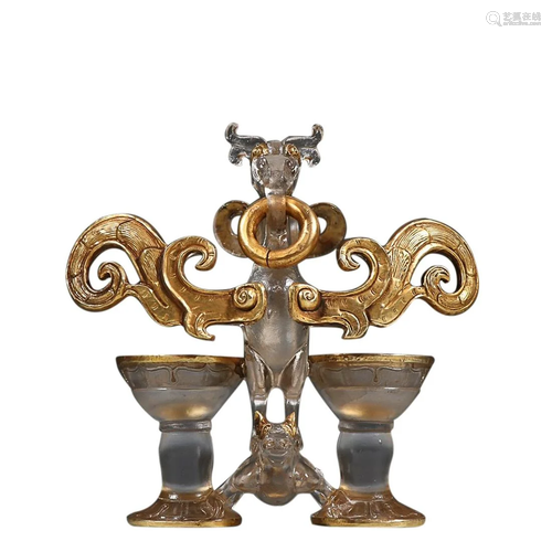 GOLD MOUNTED GLASSWARE PHOENIX SHAPED CUP SET