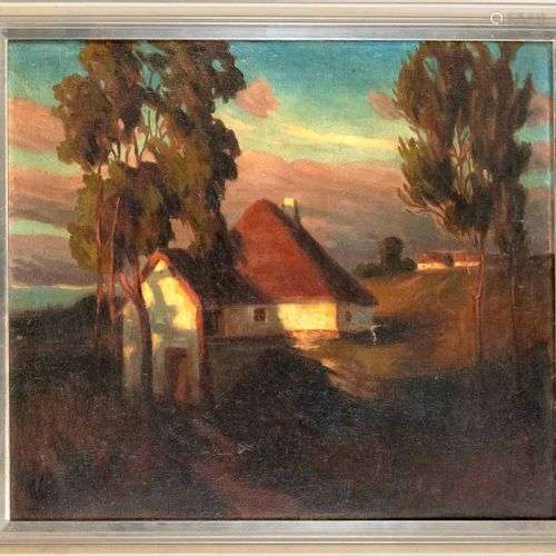 Monogrammed artist c. 1900, landscape with farmhouse in even...