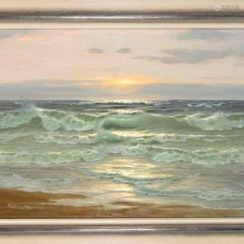 Jensen, marine painter 2nd h. 20th c., surf in the evening l...
