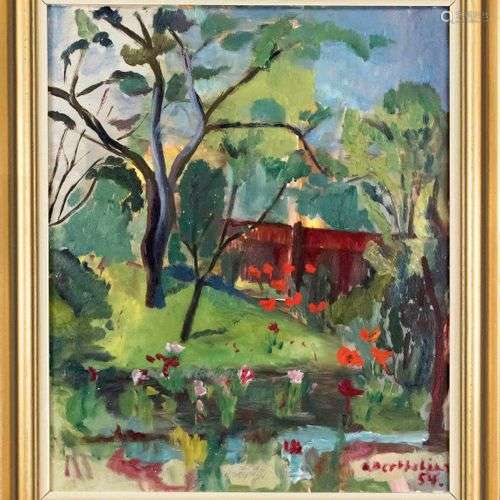 O. Berthelius, mid-20th century, garden scene, oil/canvas, s...