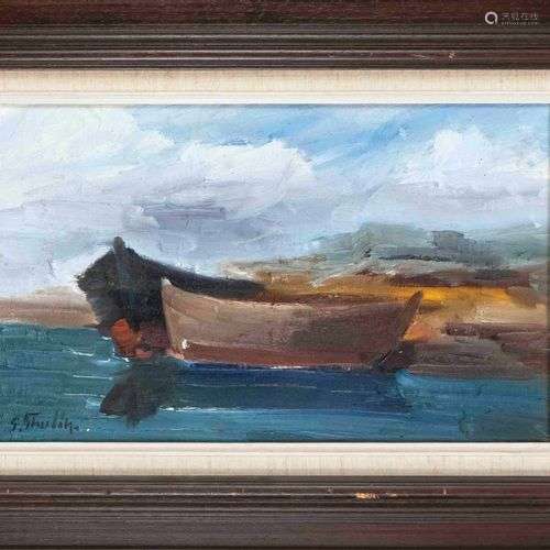 G. Thulin, mid-20th c., boats at the shore, oil on canvas ov...
