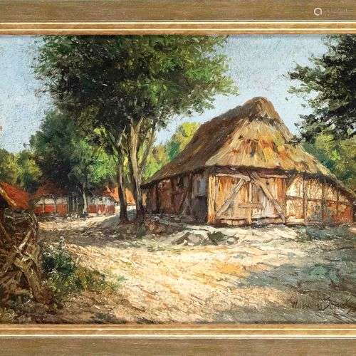Wilhelm Schütze, painter c. 1900, thatched house, oil on car...