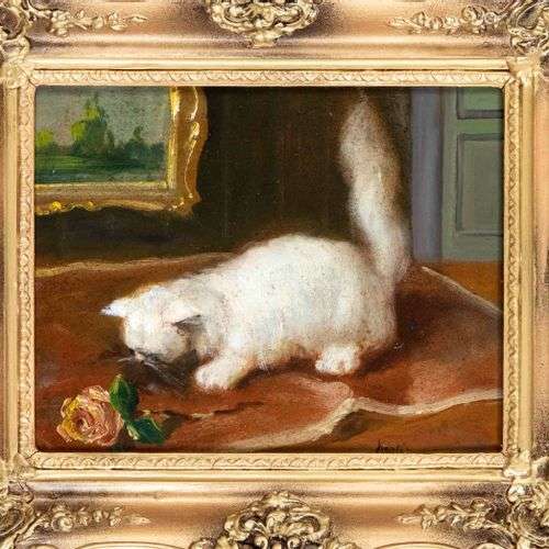 Unidentified painter 1st half 20th c., cat sniffing a rose, ...