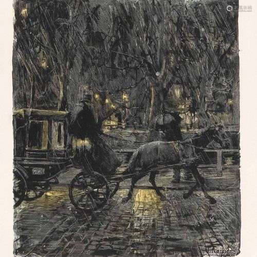 Franz Skarbina (1849-1910), Nocturnal view of a cab in the r...