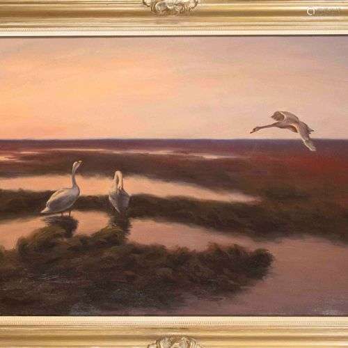 Unidentified painter mid-20th, three swans in wide moorland ...