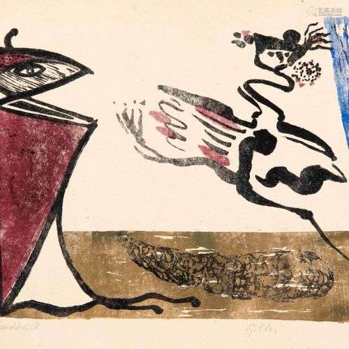 Werner Gilles (1894-1961), color linocut, grotesque composit...
