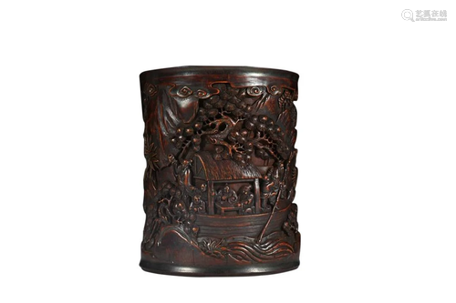 CARVED SANDALWOOD 'FIGURE AND LANDSCAPE' BRUSH POT