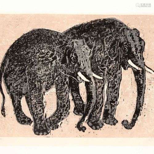 Hermann Teuber (1894-1985), Two Elephants, linocut on Japane...
