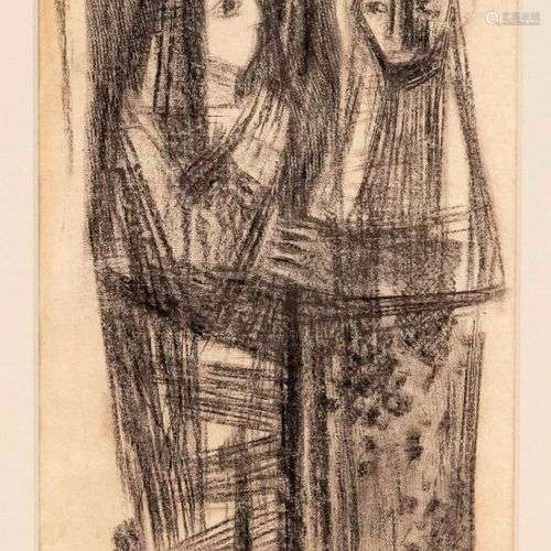 Unidentified artist c. 1950, abstract pair of figures, charc...