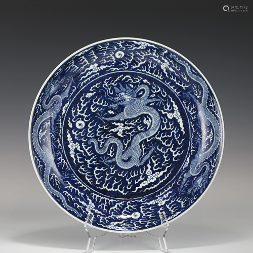 GUANGXU BLUE & WHITE DRAGON PORCELAIN PLATE ON STA…