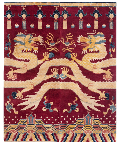 PAIR QING GOLDEN DRAGON RED SILK RUG