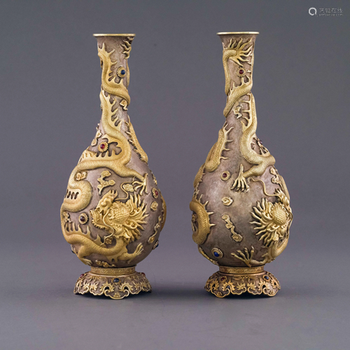 QING GILT SILVER INLAID DRAGON BOTTLE