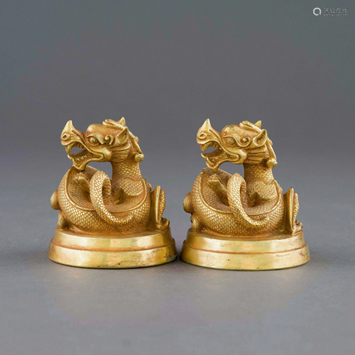 PAIR HAN GILT BRONZE DRAGON PAPER WEIGHTS