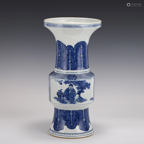 QING BLUE & WHITE FIGURATIVE GU VASE