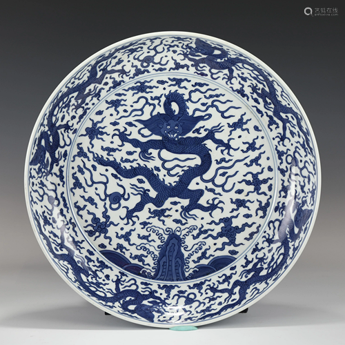 JIAJING BLUE & WHITE DRAGON PORCELAIN PLATE ON STA…