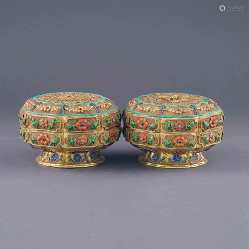 PAIR GILT SILVER FILIGREE & STONES INLAID FRUIT BOXES