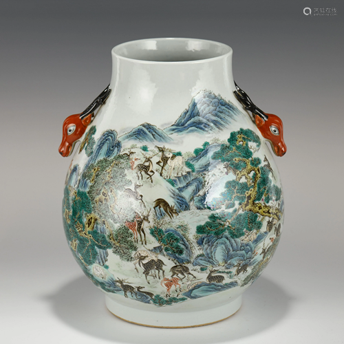 QIANLONG WUCAI HUNDRED DEER PORCELAIN BAILU ZUN VASE