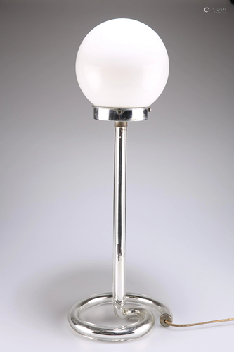 AN ART DECO CHROME TABLE LAMP, with globular opaline