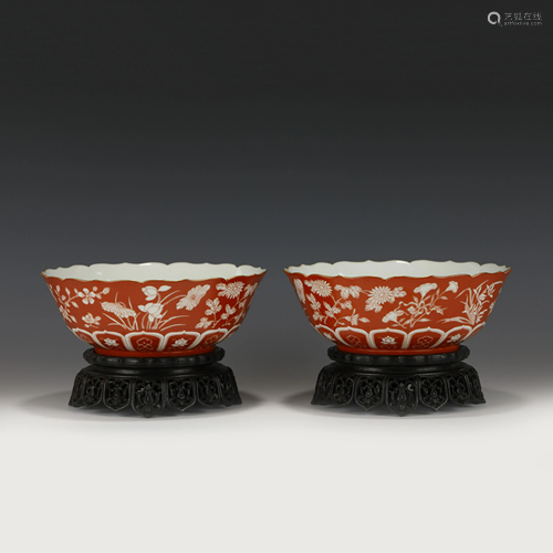 JIAQING ALUM RED FLOWER PORCELAIN BOWLS