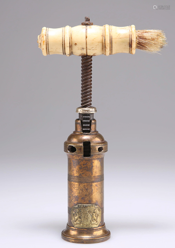 A 19TH CENTURY COPPER AND BONE CORKSCREW, the body …