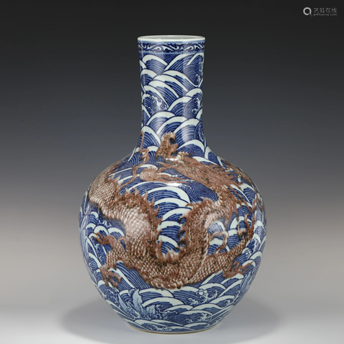 LARGE BLUE & RED DRAGON CELESTIAL VASE