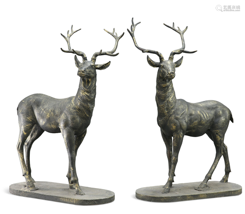 A HUGE PAIR OF PATINATED METAL MODELS OF STAGS, each