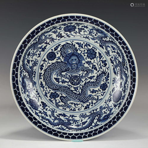 QIANLONG BLUE & WHITE DRAGON PORCELAIN PLATE ON STA…