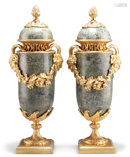 A PAIR OF LOUIS XVI STYLE GILT-METAL MOUNTED GREEN