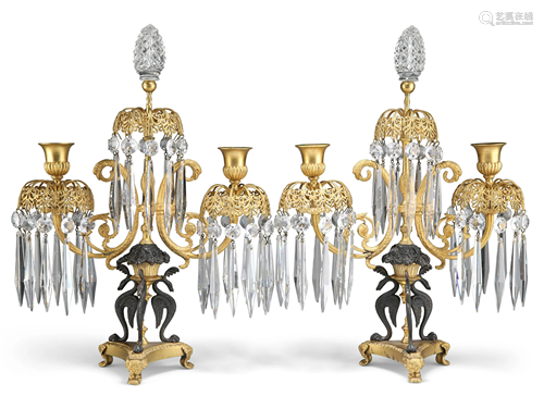 A PAIR OF EMPIRE REVIVAL GILT AND PATINATED BRONZE