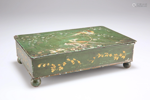 A 19TH CENTURY GREEN TOLEWARE BOX, rectangular form,