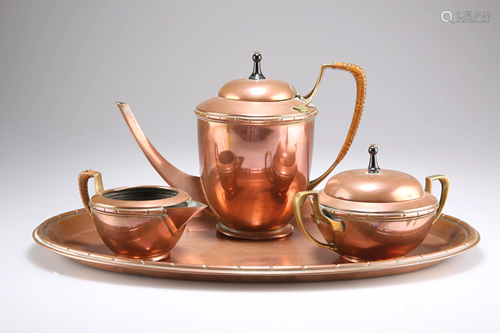 A WMF FIVE PIECE COPPER AND BRASS COFFEE SERVICE,