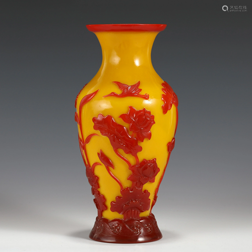 QIANLONG CRANES YELLOW & RED PEKING GLASS VASE