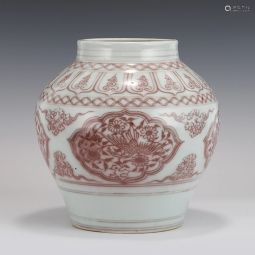 MING RED & WHITE CRANE JAR