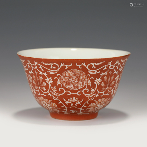 DAOGUANG ALUM RED LOTUS BLOOM PORCELAIN BOWL