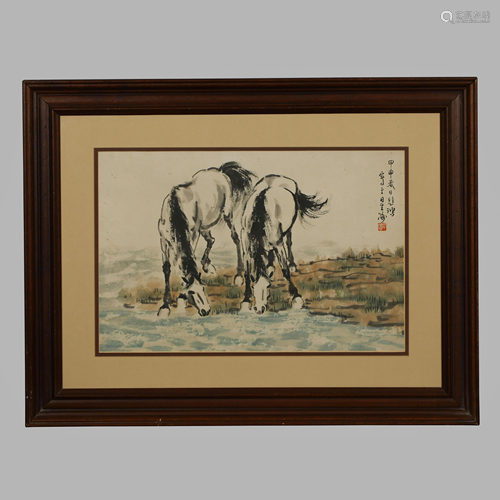 XU BEIHONG TWO HORSE FRAMED PAINTING