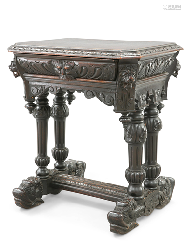 A 19TH CENTURY CARVED OAK HALL TABLE, carved with lion